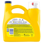 Rear view of a yellow Tide Simply detergent jug showing ingredient information, warnings and a barcode label.