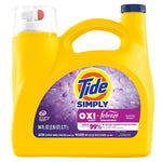 Yellow Tide Simply detergent bottle front showing purple OXI + Febreze label, Tide logo and integrated measuring cap.