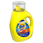 Angled product shot of a yellow Tide Simply OXI+Stain bottle with label and clear cap on a white background