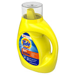 Close-up angled view of a yellow Tide Simply OXI+Stain jug showing the front label and clear measuring cap