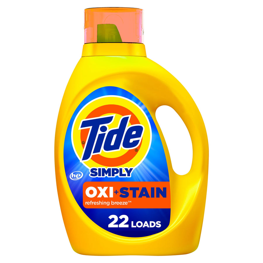 Yellow Tide Simply OXI+Stain laundry detergent bottle with orange cap and large Tide logo on white background