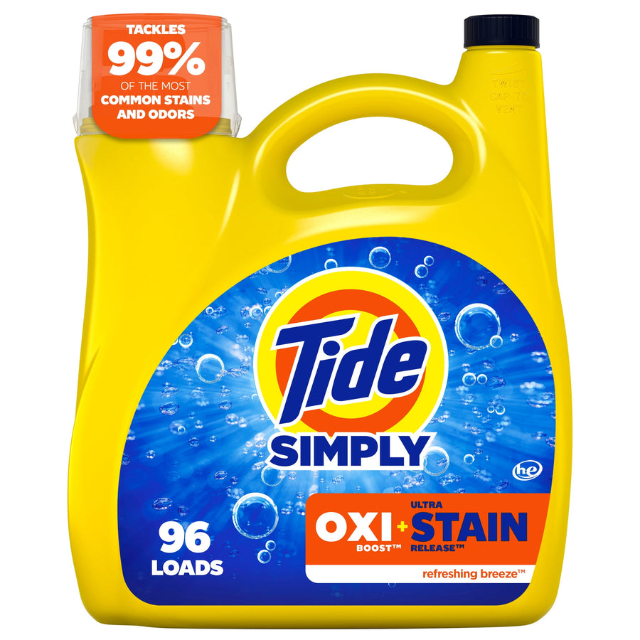 Yellow jug of Tide Simply laundry detergent with blue bubble label and 'Oxi + Stain' badge, 96 loads callout