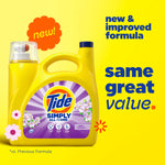 Tide Simply yellow detergent jug on bright background with text 'same great value' and new formula callout