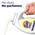 Close-up of a hand pouring Tide Simply Free & Sensitive detergent from the bottle with "No dyes No perfumes" text