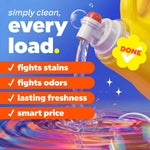 Graphic close-up of detergent pouring from a yellow Tide bottle with checklist: fights stains, fights odors, lasting freshness