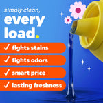 Close-up graphic of detergent pouring with checklist icons reading fights stains, fights odors, smart price, lasting freshness