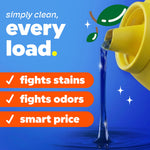 Graphic of blue liquid pouring from a yellow detergent spout with text callouts listing stain fighting, odor fighting and smart price