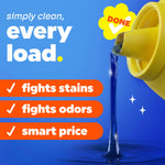 Promotional graphic with pouring blue liquid from a yellow cap and text listing stain fighting, odor fighting and smart price