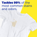 Graphic showing a white T-shirt split before-and-after with copy claiming it tackles common stains