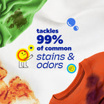 Close-up of stained fabric and shirts with text claiming 'tackles 99% of common stains & odors' and small Tide icon