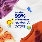 Flat-lay of stained garments with text 'tackles 99% of common stains & odors' and cheerful Tide smile icon
