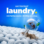 Graphic close-up of fabric fibers with a dirt-removing bubble and text 'we hacked laundry'