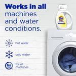 Graphic showing a washing machine with a Tide Simply bottle and text stating it works in hot and cold water