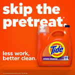 Tide Spring Meadow detergent jug presented on orange background with headline ‘skip the pretreat’ and supporting copy