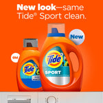Promotional image showing old and new orange Tide Sport bottles with ‘New look - same Tide Sport clean’ text