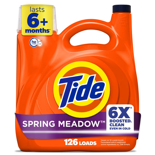 Orange Tide Spring Meadow liquid detergent jug with large Tide logo and 6X boosted clean badge