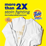 Bright yellow ad showing a stained white sweatshirt and headline claiming more than 2X stain fighting with Tide logo
