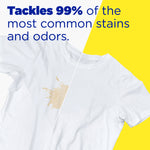 White T‑shirt shown split to illustrate stain removal with text claiming it tackles 99% of common stains and odors on yellow and white background.