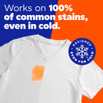 Promotional graphic showing a white T-shirt with an orange stain and text claiming stain removal, with Tide branding colors.