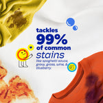 Close-up ad collage of stained fabrics and text stating ‘tackles 99% of common stains’ with Tide smile icon