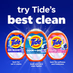Three different Tide Power PODS packaging variants shown side by side with headline 'try Tide's best clean' on a blue background.