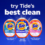 Three Tide Power-PODS product packages side by side on a blue background with headline 'try Tide's best clean'