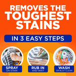 Orange instructional graphic stating “Removes the toughest stains” with three-step icons for spray, rub, and wash