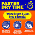 Instructional-style graphic for Tide To Go OXI pen showing faster dry time and three-step usage icons on orange background