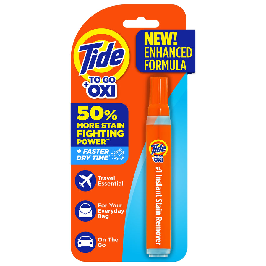 Packaged Tide To Go OXI instant stain remover pen on orange and blue retail blister card with product claims