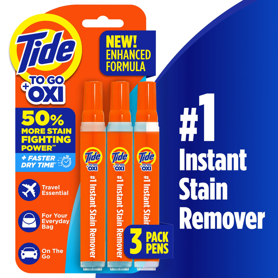 Packaged three orange Tide To Go Oxi instant stain remover pens on branded orange and blue blister card.