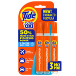 Close-up of three Tide To Go Oxi instant stain remover pens in orange blister packaging with product claims.