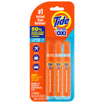 Front-facing blister pack showing three Tide To Go Oxi instant stain remover pens in clear tubes on orange and blue card.