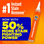 Graphic close-up of an orange Tide To Go pen with bold text promoting '50% more stain fighting power' on an orange background
