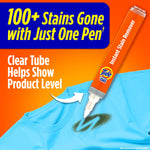 Tide To Go pen demonstrating a clear tube and arrow pointing to a stain on a blue shirt with text about product level visibility