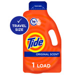 Bright orange Tide travel-size detergent pouch labeled 'Original Scent' with '1 LOAD' and tear-off top.
