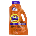 Photograph of an orange Tide travel-size pouch standing upright with visible label 'Tide Original Scent 1 Load' on white background.