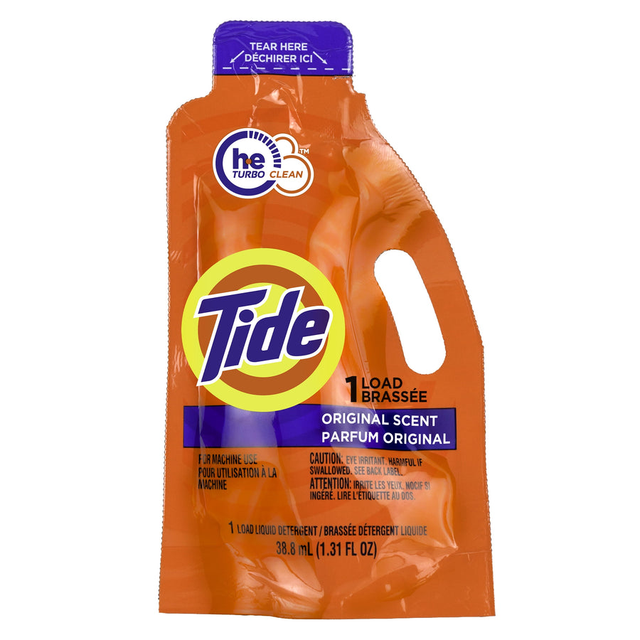 Photograph of an orange Tide travel-size pouch standing upright with visible label 'Tide Original Scent 1 Load' on white background.