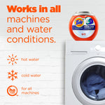 Tide Power PODS tub shown above a front-load washing machine with text claiming it works in all machines and water conditions.