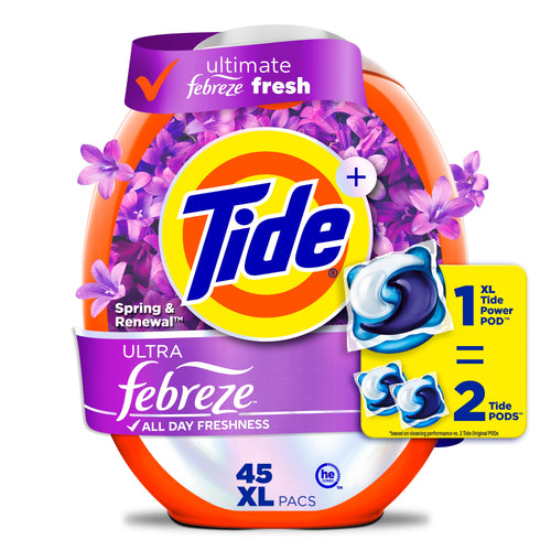 Close-up of an orange Tide container labeled Ultra Febreze with purple floral background and a Tide POD image on the front.