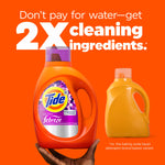 Hand holding an orange Tide Ultra Febreze bottle next to a plain orange bottle with headline about 2x cleaning ingredients on orange background.