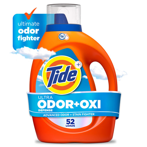 Front-facing Tide Ultra Odor+Oxi orange detergent bottle with blue label and clouds graphic