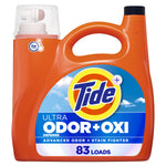 Close-up of an orange Tide Ultra Odor+Oxi laundry detergent jug with label and built-in handle against white background.