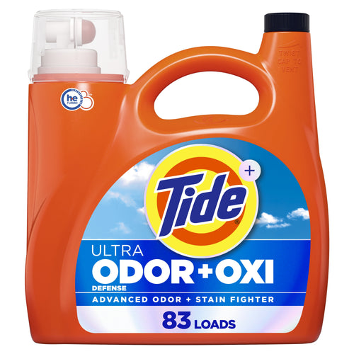 Close-up of an orange Tide Ultra Odor+Oxi laundry detergent jug with label and built-in handle against white background.