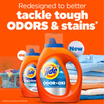 Marketing graphic showing two orange Tide bottles labeled Ultra Odor+Oxi with text about tackling tough odors and stains.