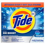 Close-up front of Tide Ultra Oxi Boost powder packaging showing Tide logo, 'Oxi Boost' label and '73 loads' callout