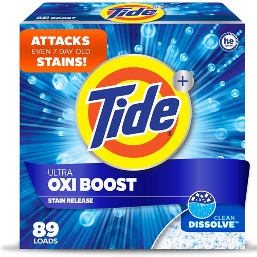 Front-facing box of Tide Ultra Oxi Boost powder with large Tide logo and 'Oxi Boost' banner on blue burst background