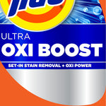 Close-up of Tide Ultra Oxi Boost label showing logo, blue graphic background and large 'OXI BOOST' text