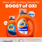 Promotional graphic with two orange Tide Ultra OXI Boost bottles and headline about a more powerful boost