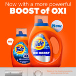 Two orange Tide Ultra Oxi Boost detergent bottles on an orange background with text promoting a more powerful boost of Oxi