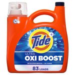 Close-up product photo of an orange Tide Ultra Oxi Boost liquid detergent jug with label and 83 loads callout